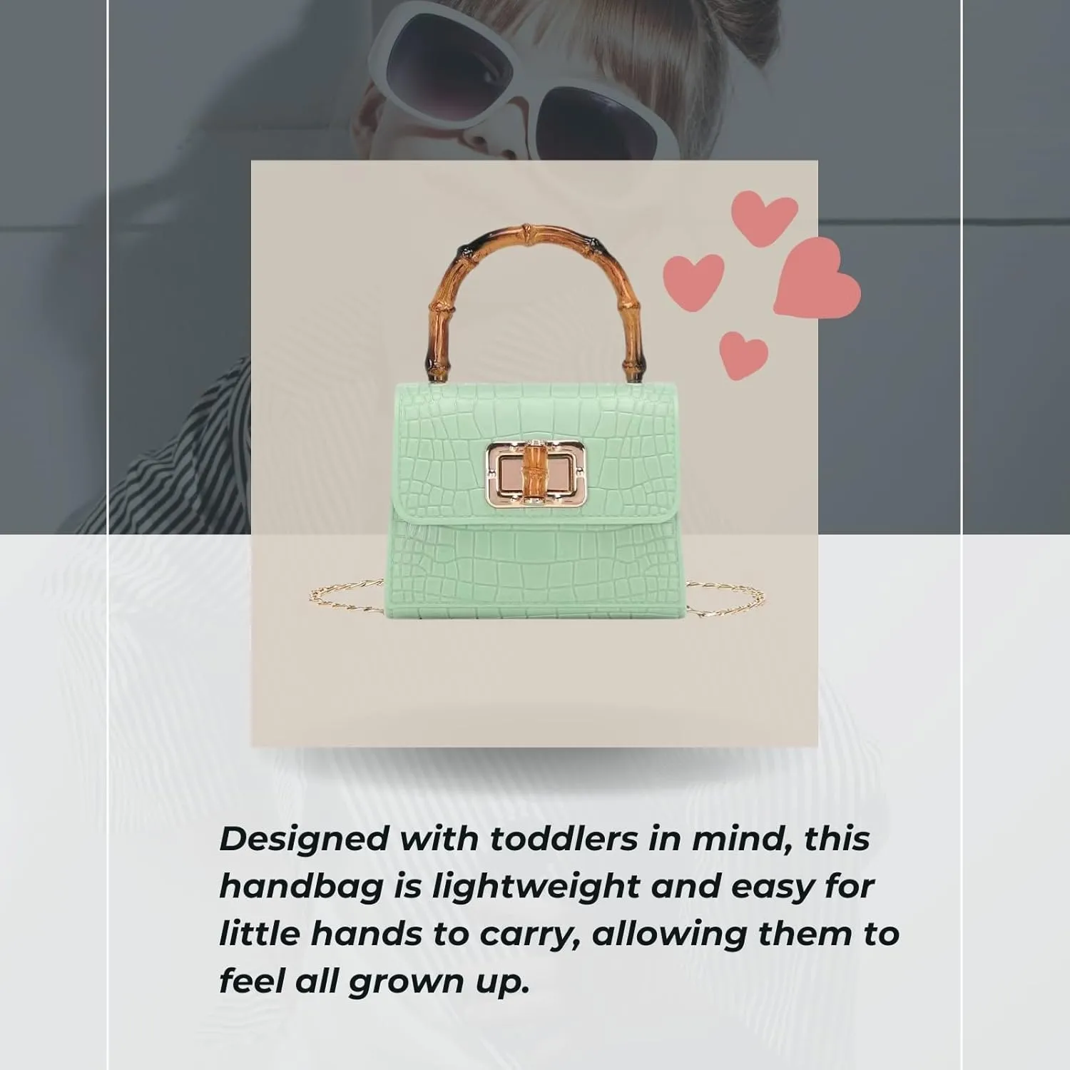 Mini Bamboo Handle Kids Purse: Crocodile Leather Pattern Toddler Handbag, Multiple Colour, with Sunglasses Option