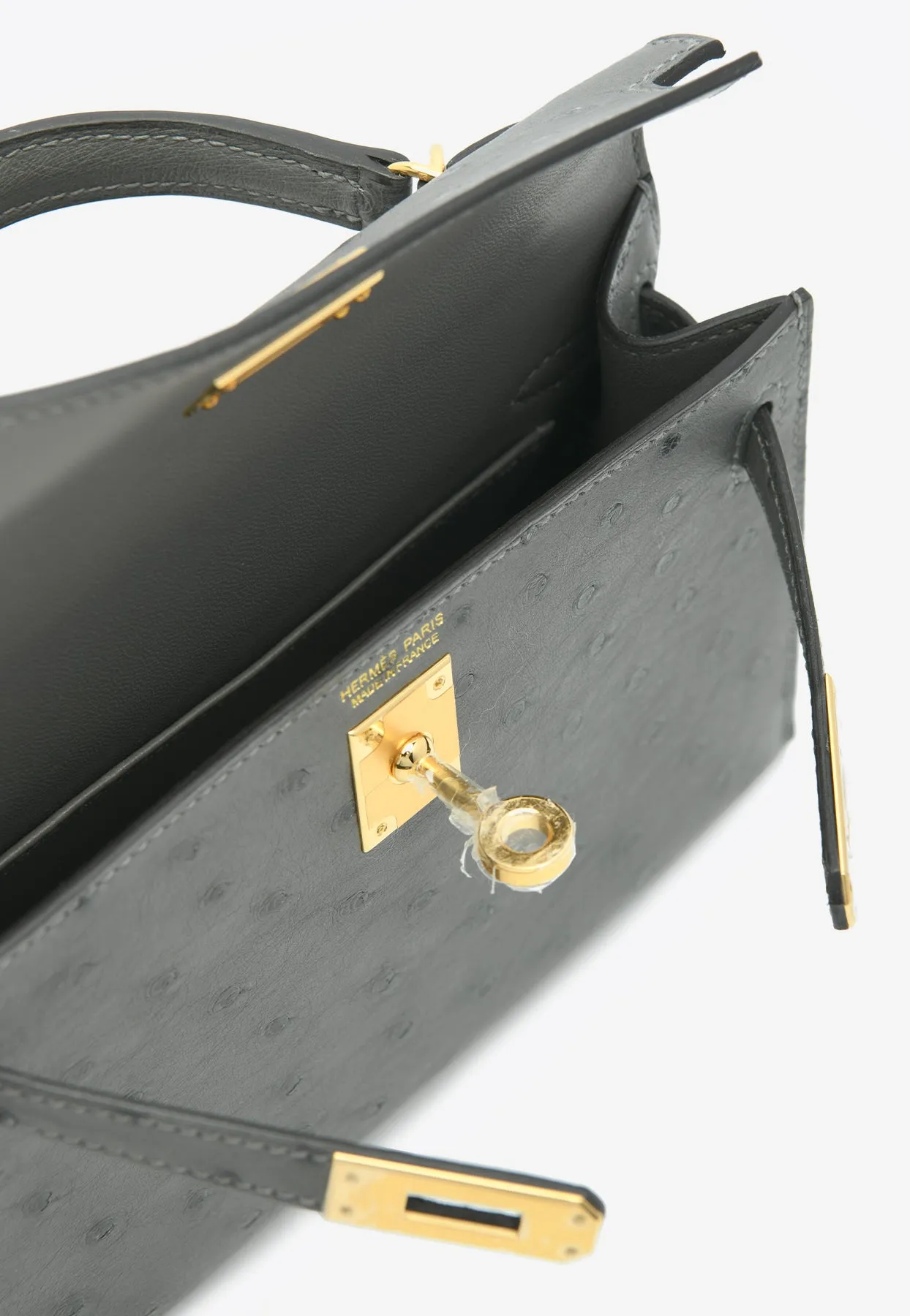Mini Kelly 20 in Gris Meyer Ostrich Leather with Gold Hardware
