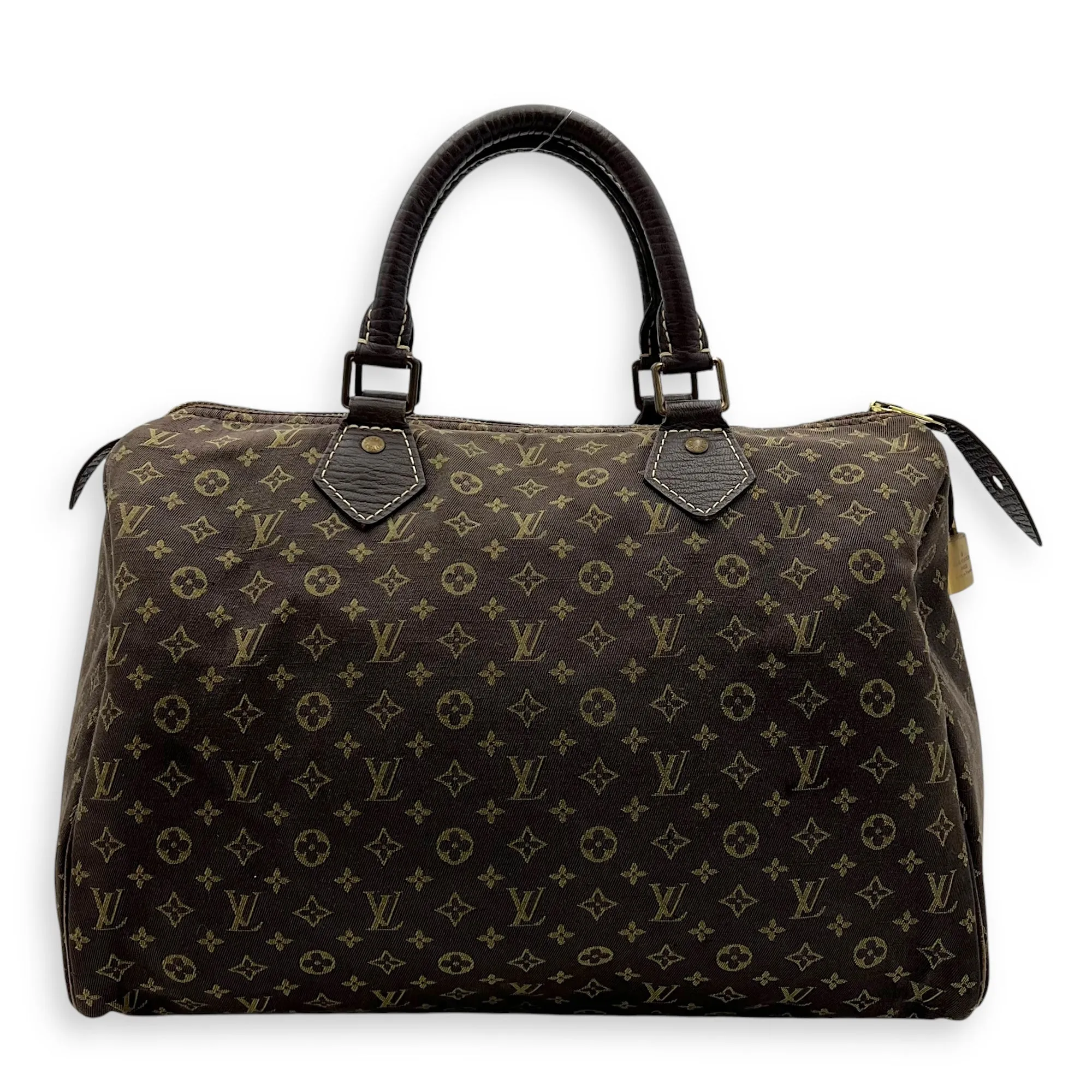 Mini Lin Speedy 30 Brown Top Handle Bag in Jacquard, Gold hardware