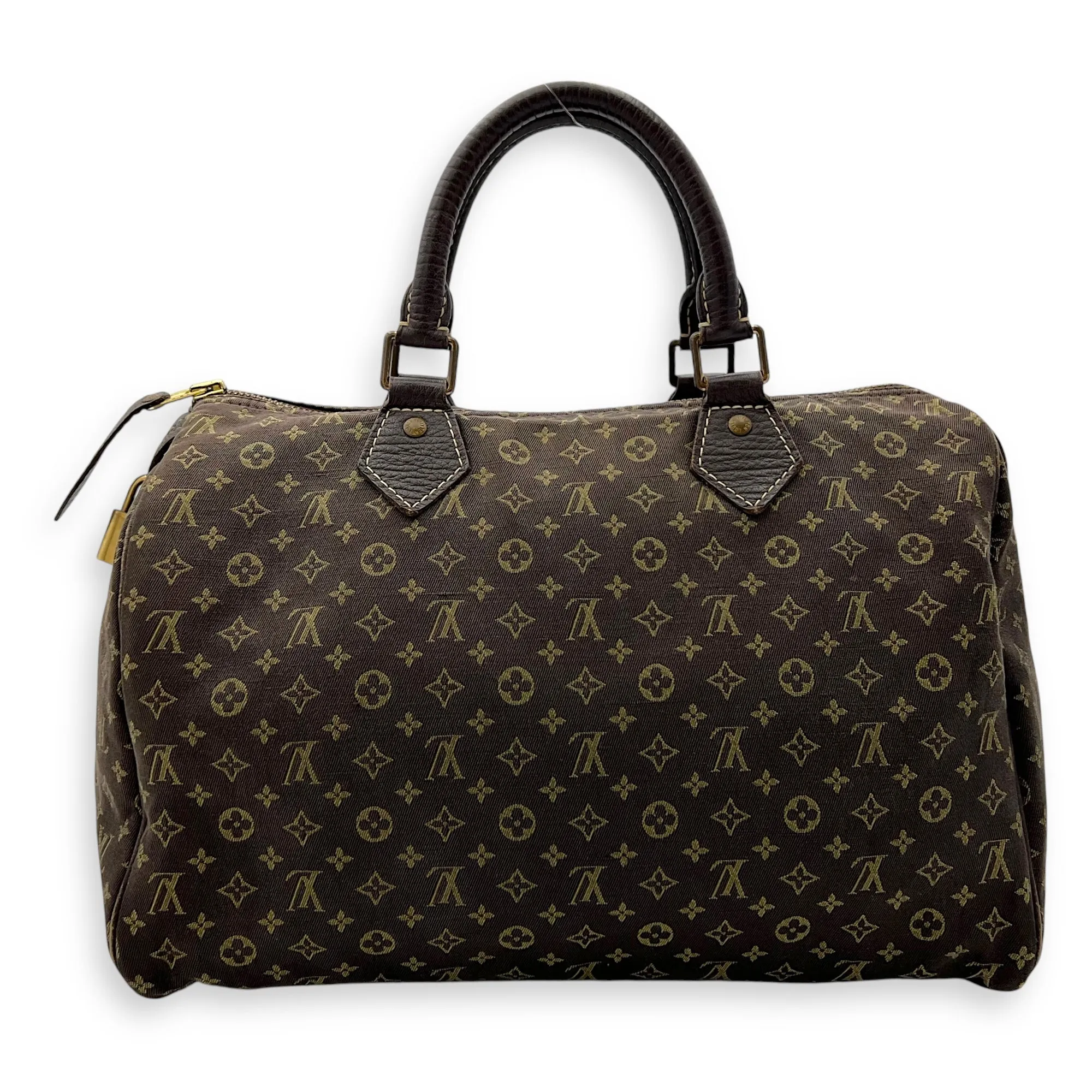 Mini Lin Speedy 30 Brown Top Handle Bag in Jacquard, Gold hardware