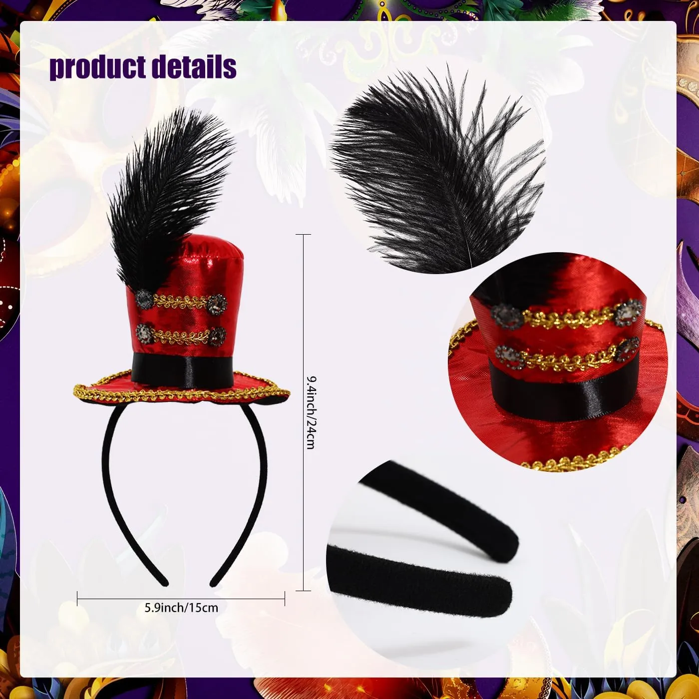 Mini Top Hat Headband Carnival Headwear Majorette Hat Headband with Feather for Circus Ring Leader Costume Accessory