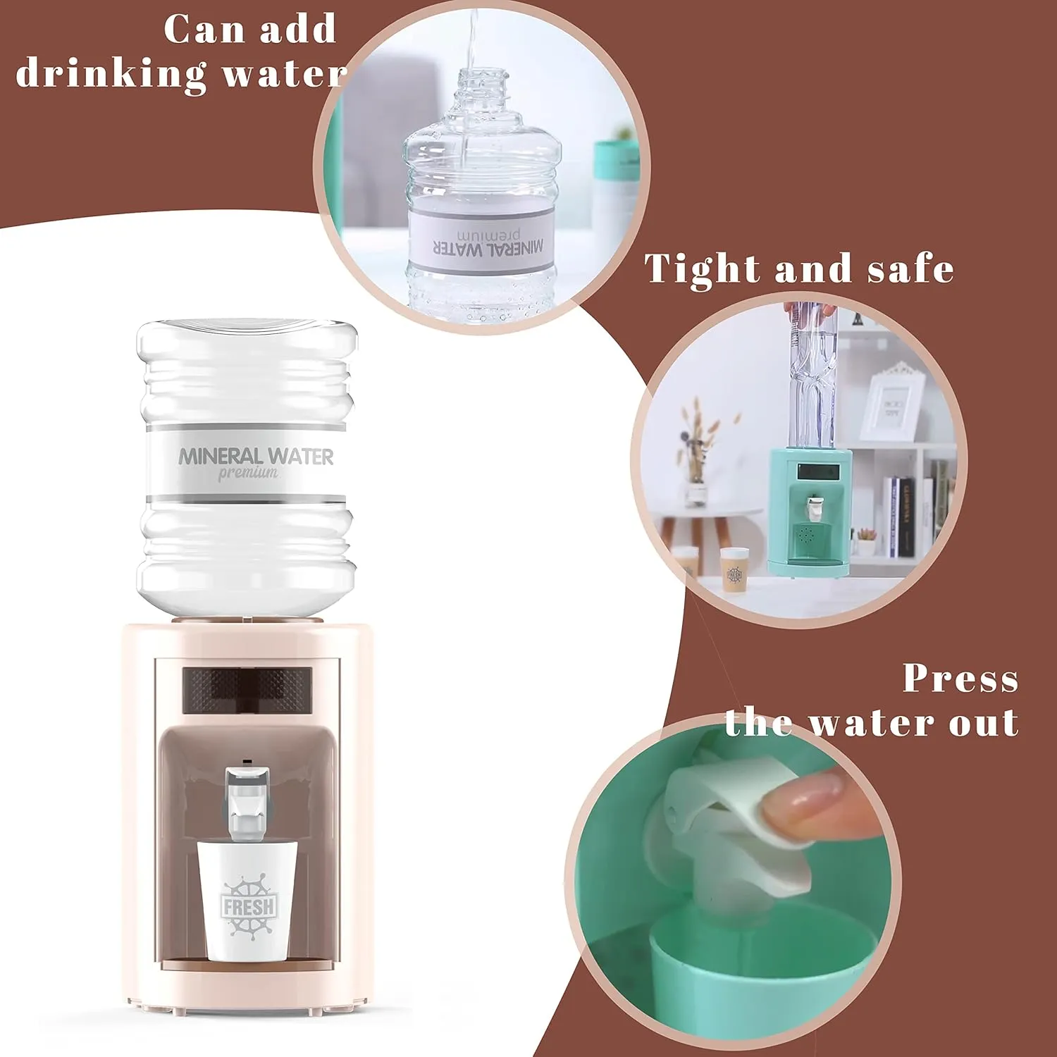Mini Water Cooler Dispenser Toy,Small Desk Top Cute Water Dispenser for Bedroom,Toy Drink Machine Kawaii Water Dispenser for Boys Dollhouse Play Set Ages3 （Apricot）