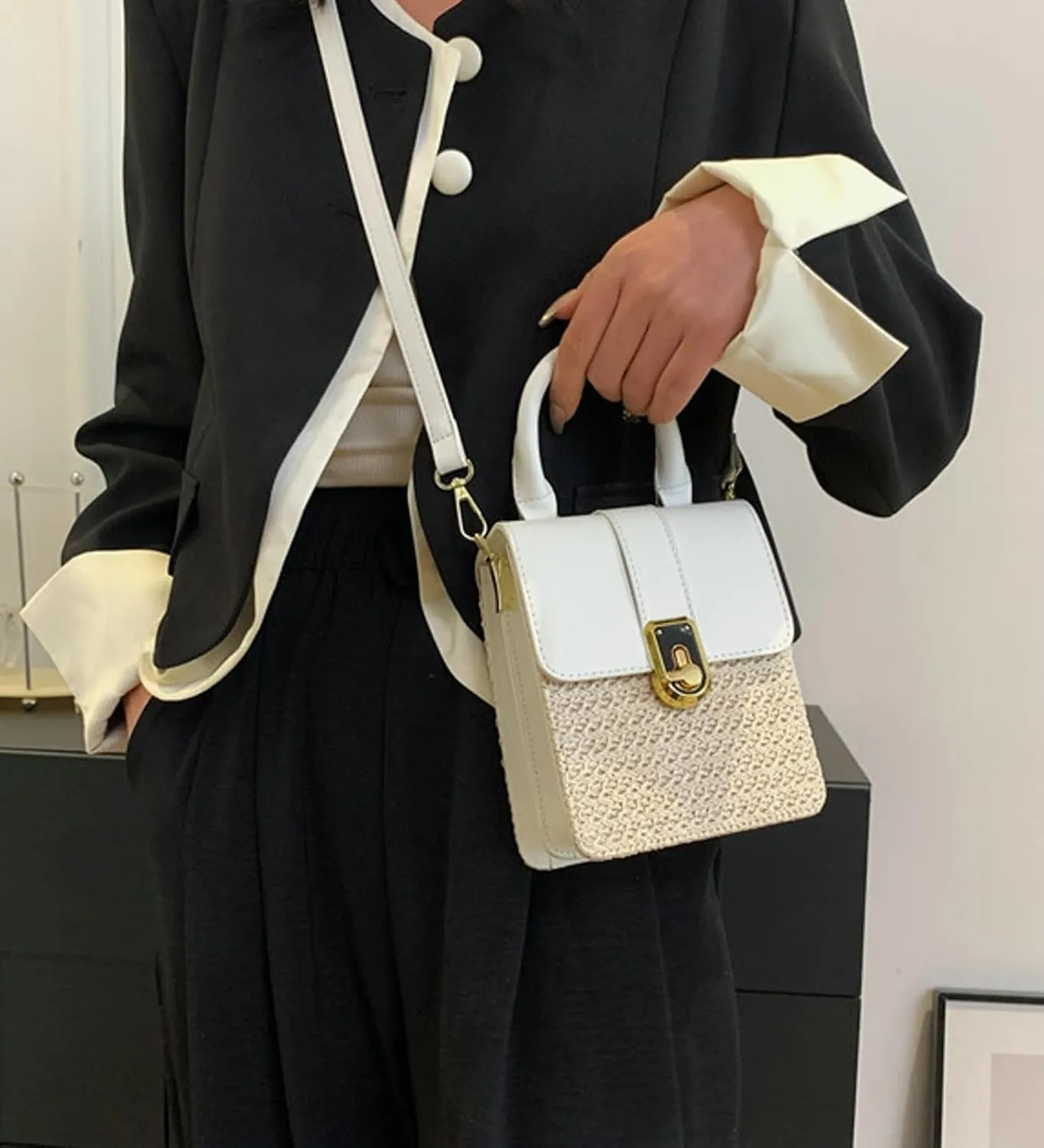 Mini Woven Square Crossbody Bag Lock Stylish Color Block Satchel PU Handle Shoulder Strap Summer Beach Resort Handbag
