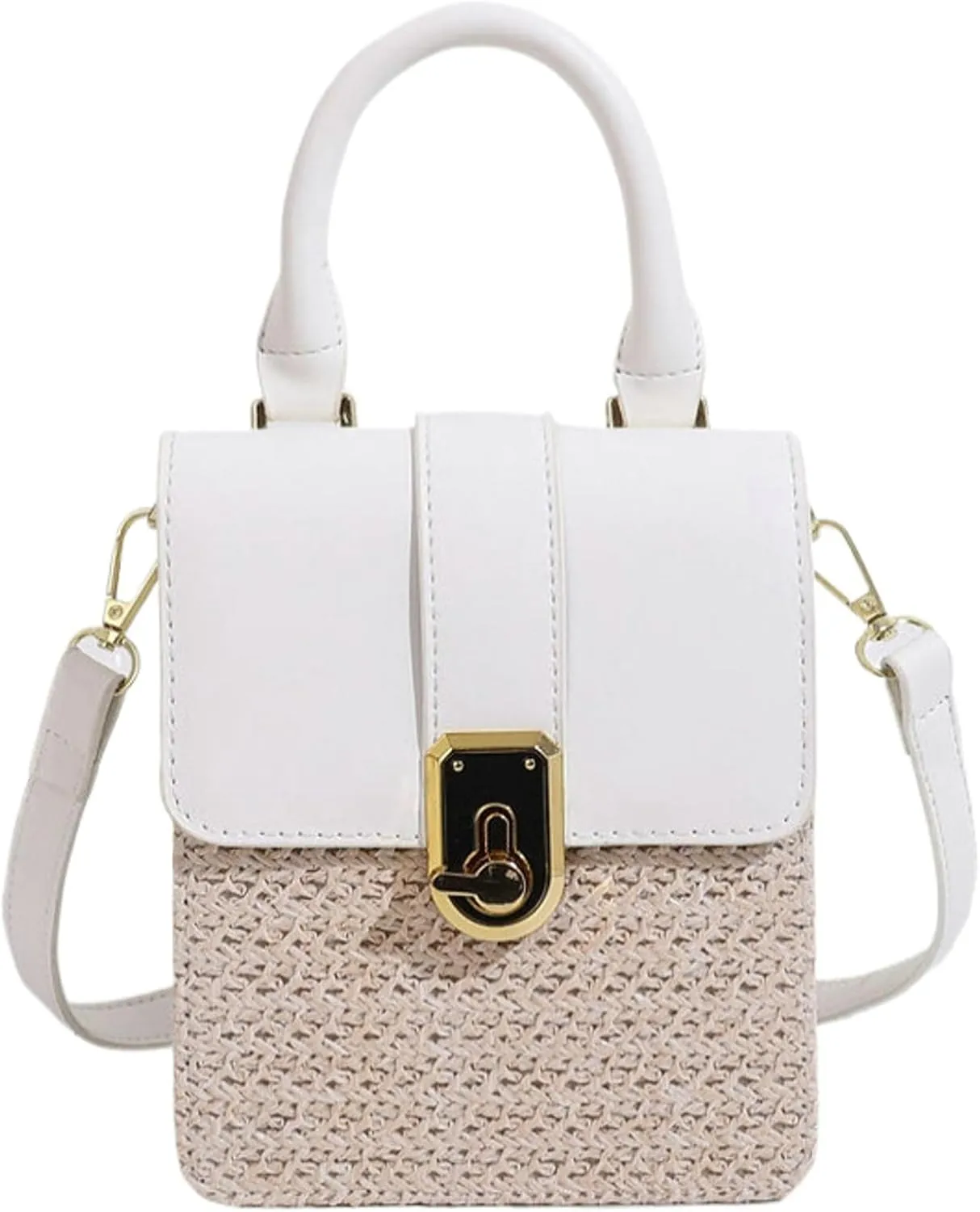 Mini Woven Square Crossbody Bag Lock Stylish Color Block Satchel PU Handle Shoulder Strap Summer Beach Resort Handbag