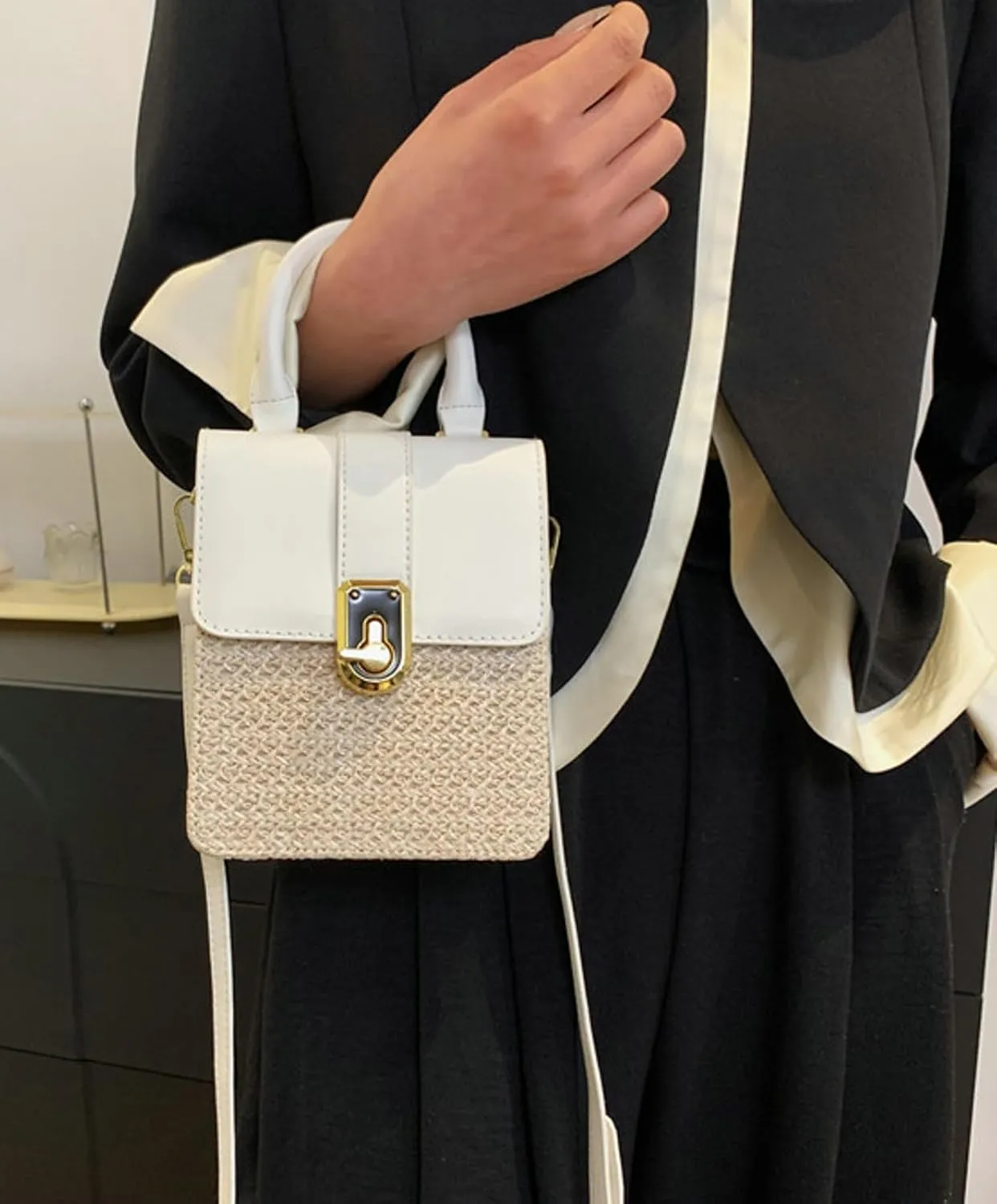 Mini Woven Square Crossbody Bag Lock Stylish Color Block Satchel PU Handle Shoulder Strap Summer Beach Resort Handbag