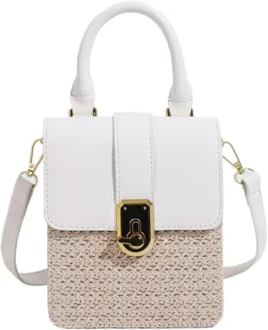 Mini Woven Square Crossbody Bag Lock Stylish Color Block Satchel PU Handle Shoulder Strap Summer Beach Resort Handbag