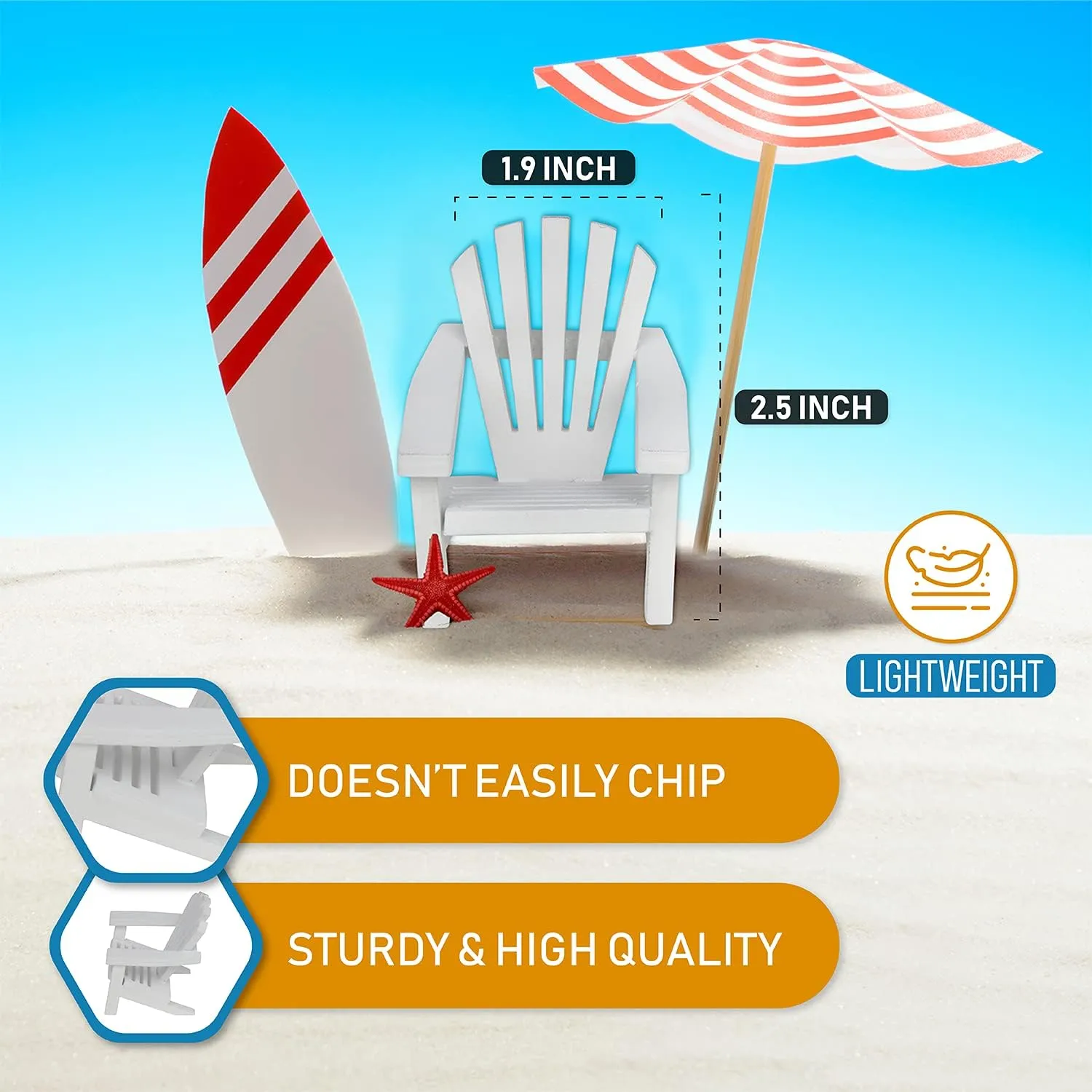 Miniature Wood Adirondack Chair - Wedding Cake Topper Mini Furniture Top Decoration Favor Beach Theme, Great for Dollhouse (White, 8 Pack)