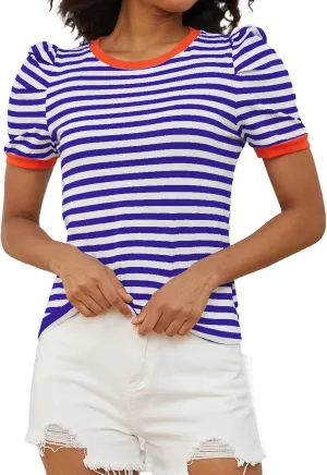 MISSACTIVER Women Striped Color Block T-Shirts Crew Neck Short Puff Sleeve Slim Fit Pullover Shirt Casual Summer Tee Tops