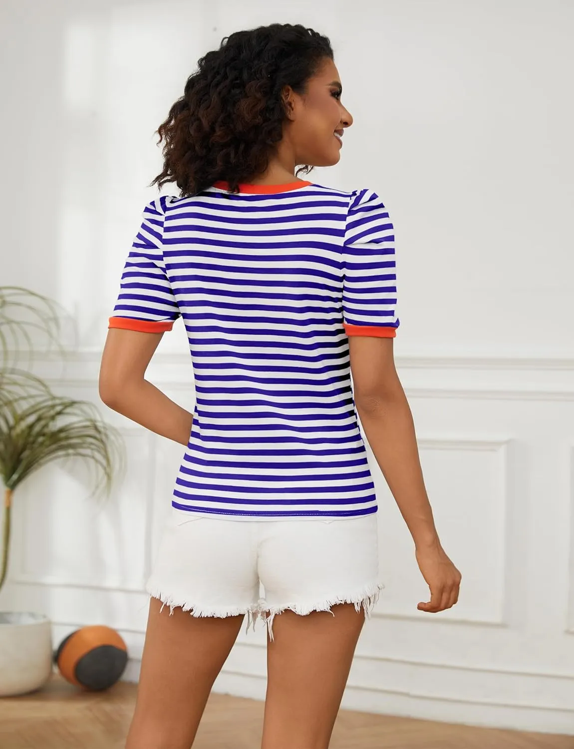 MISSACTIVER Women Striped Color Block T-Shirts Crew Neck Short Puff Sleeve Slim Fit Pullover Shirt Casual Summer Tee Tops