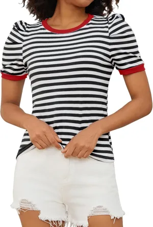 MISSACTIVER Women Striped Color Block T-Shirts Crew Neck Short Puff Sleeve Slim Fit Pullover Shirt Casual Summer Tee Tops