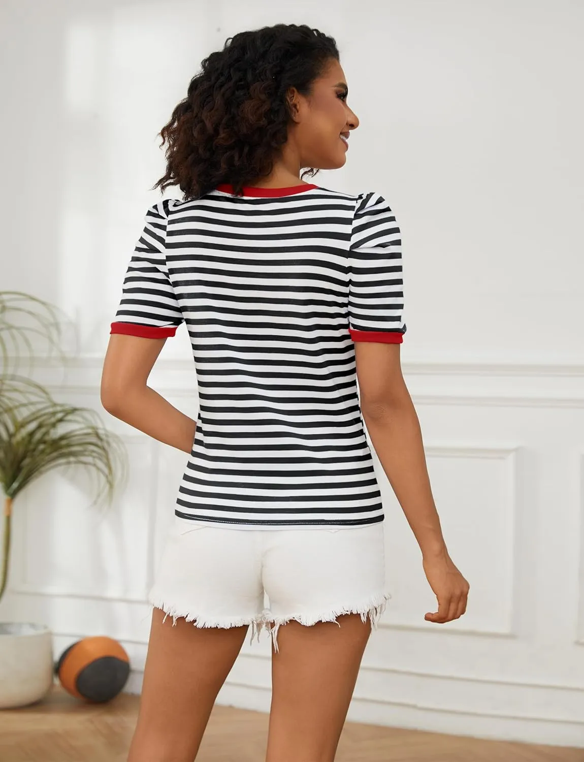 MISSACTIVER Women Striped Color Block T-Shirts Crew Neck Short Puff Sleeve Slim Fit Pullover Shirt Casual Summer Tee Tops