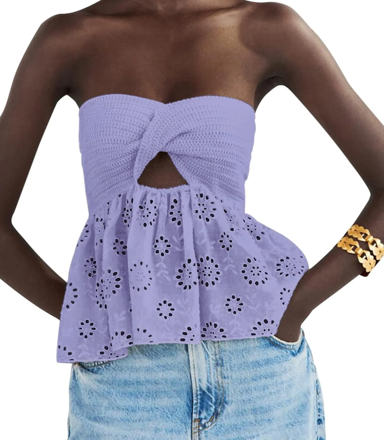 MISSACTIVER Women Twist Knot Knit Bandeau Tube Top Embroidery Strapless Off Shoulder Backless Hollow Crop Tank Corset Top