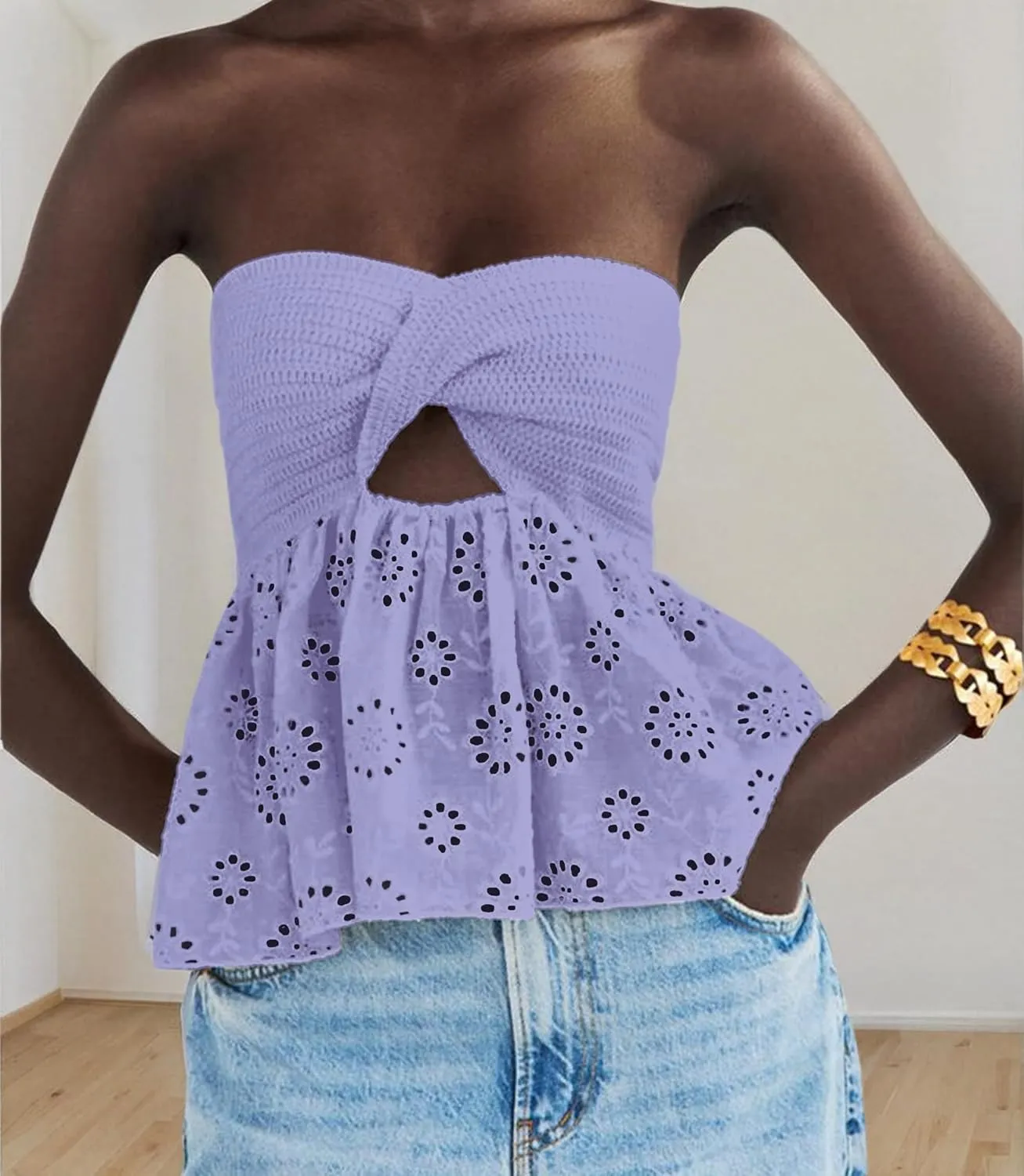 MISSACTIVER Women Twist Knot Knit Bandeau Tube Top Embroidery Strapless Off Shoulder Backless Hollow Crop Tank Corset Top