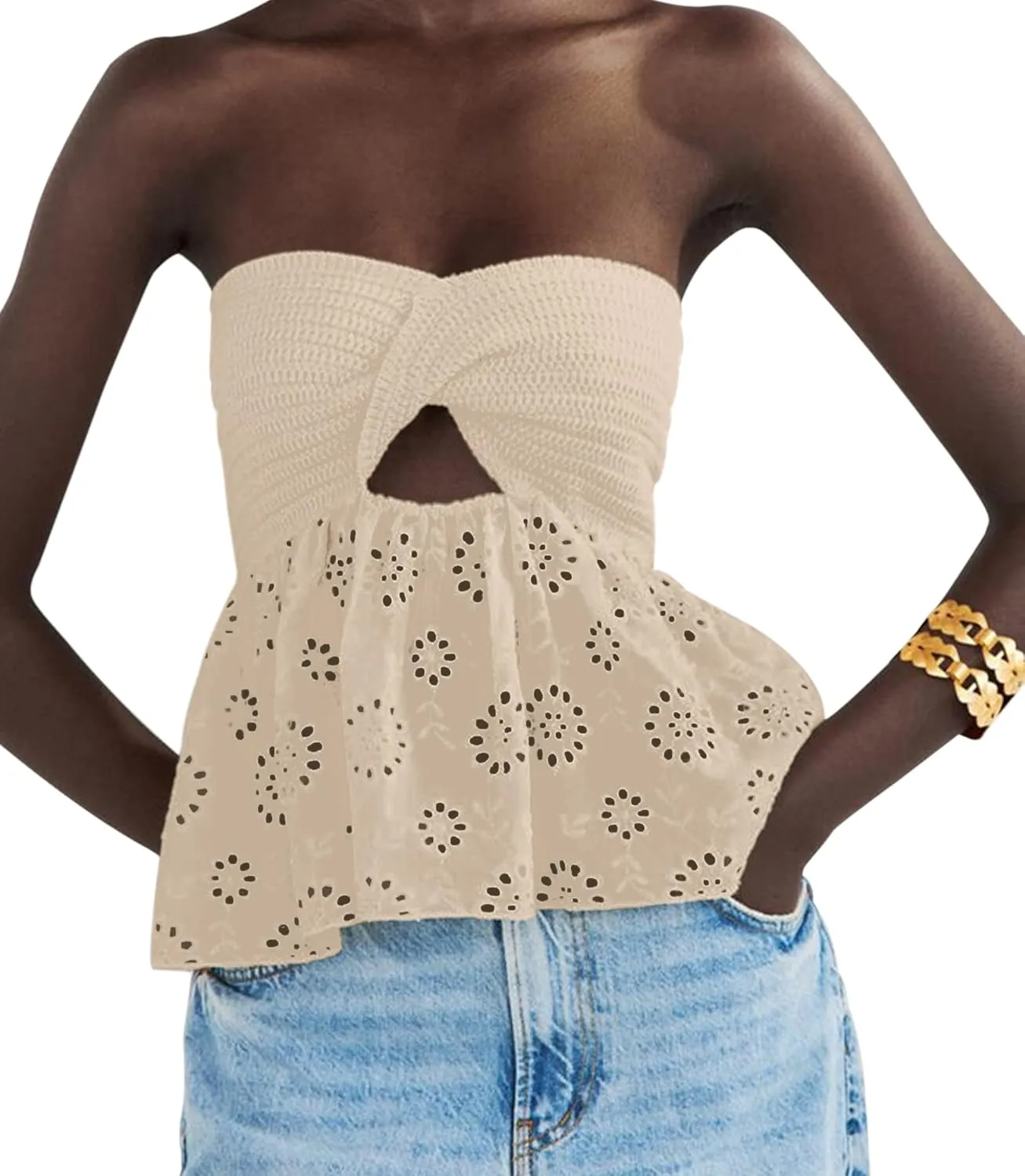 MISSACTIVER Women Twist Knot Knit Bandeau Tube Top Embroidery Strapless Off Shoulder Backless Hollow Crop Tank Corset Top