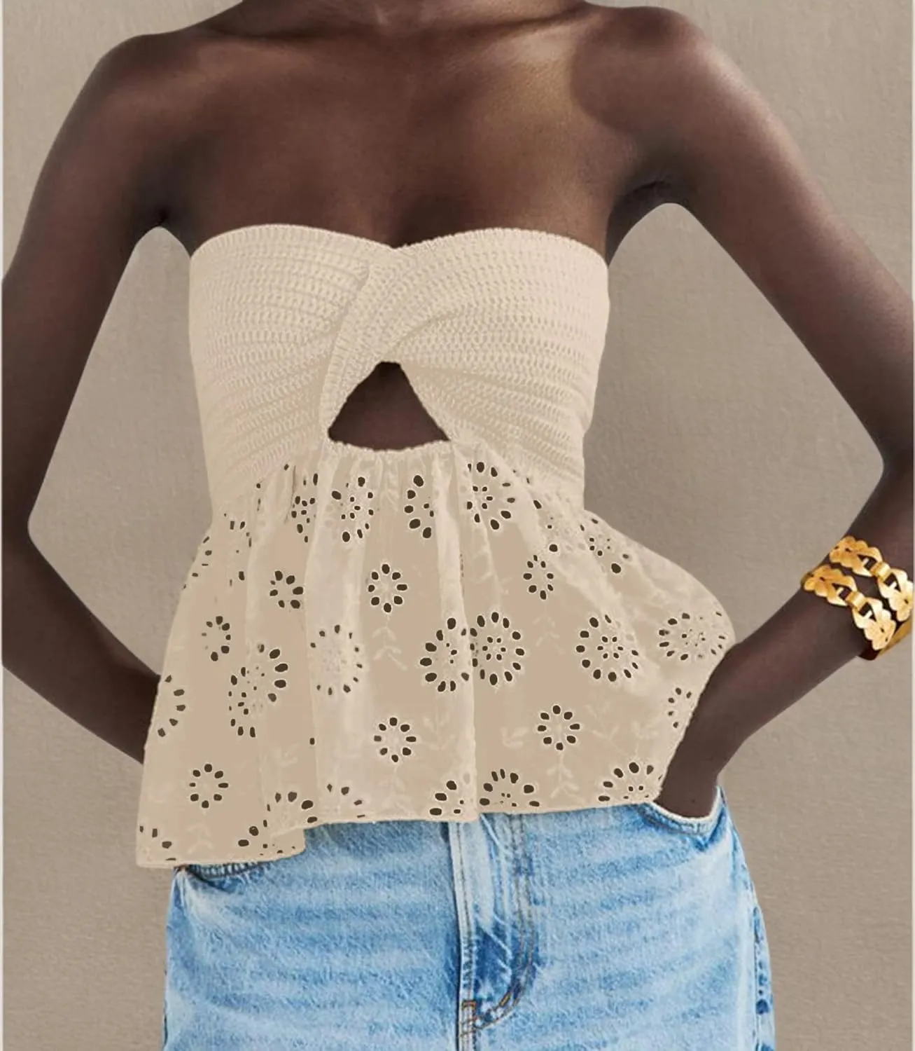 MISSACTIVER Women Twist Knot Knit Bandeau Tube Top Embroidery Strapless Off Shoulder Backless Hollow Crop Tank Corset Top