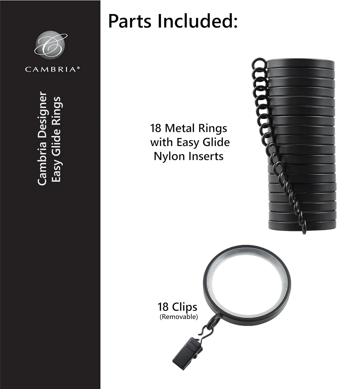 MODE Cambria Designer Series - Premium Easy Glide 18 Count Curtain Rings - Metal with Smooth, Quiet Nylon Inserts with Clips - 2 inch Diameter (1-5/8 inch Inside Diameter) - Weathered Oak