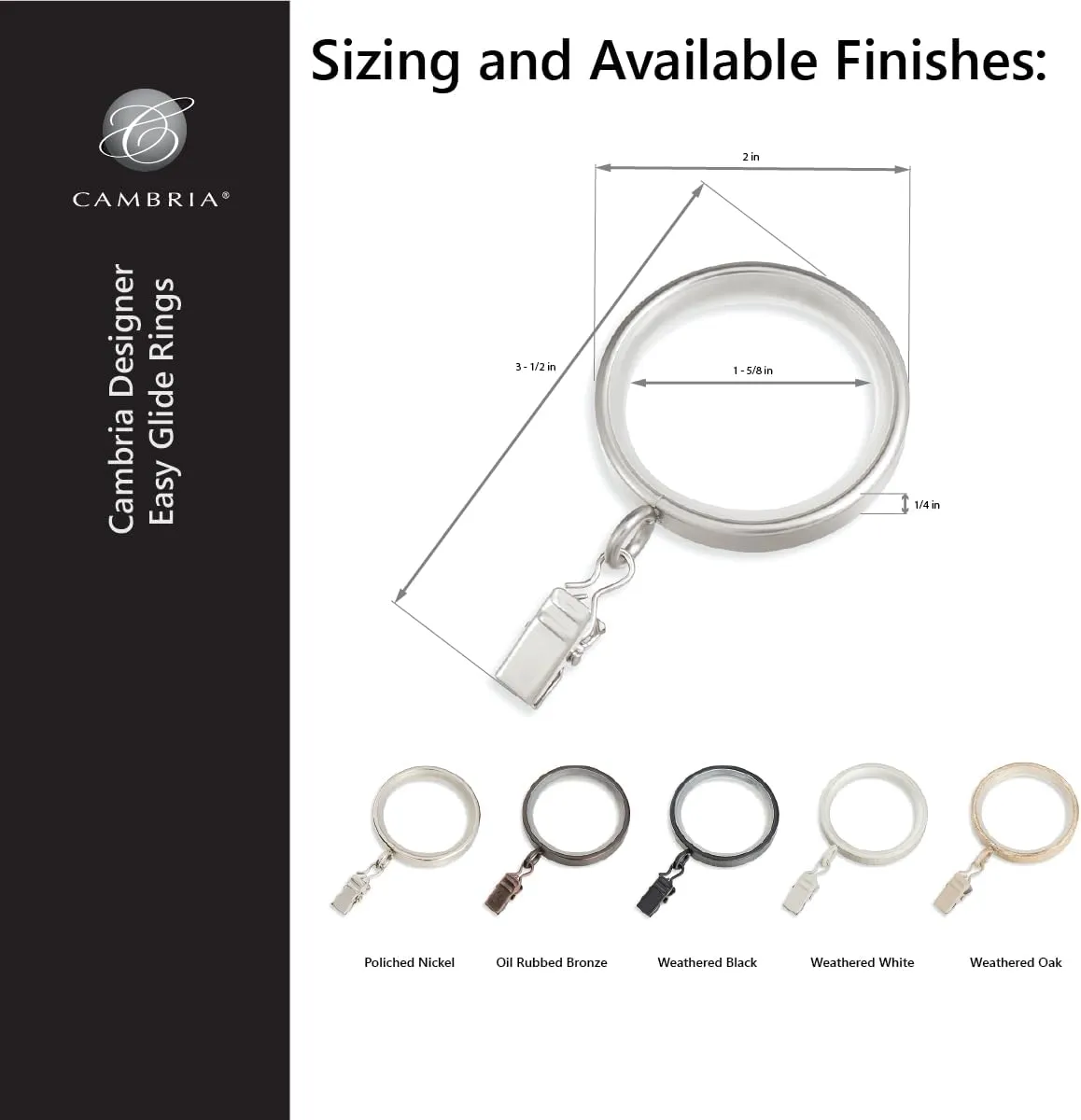 MODE Cambria Designer Series - Premium Easy Glide 18 Count Curtain Rings - Metal with Smooth, Quiet Nylon Inserts with Clips - 2 inch Diameter (1-5/8 inch Inside Diameter) - Weathered Oak