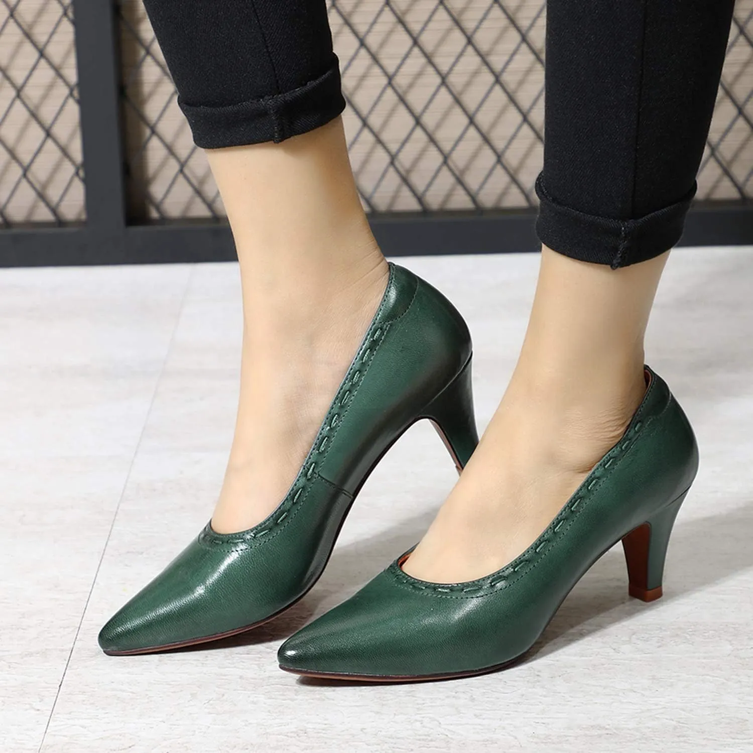 Mona flying Women's Leather Pointed Toe Dress Pumps Comfort High Heels Office Work Shoes for Ladies