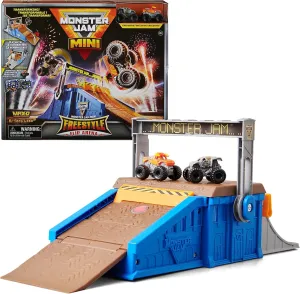 Monster Jam Mini Freestyle Flip Arena Playset and Storage with 2 Mini Monster Jam Trucks, Kids Toys for Boys and Girls Ages 3 and up