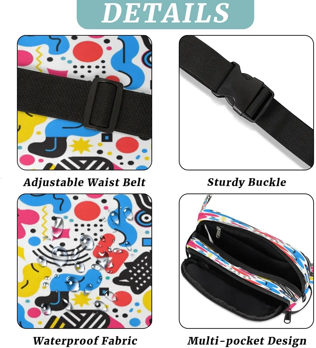 Multicolor Pattern Polyelement Fanny Packs for Women Men Waterproof Waist Bag with Adjustable Strap Belt Bag for Travel Running Hiking