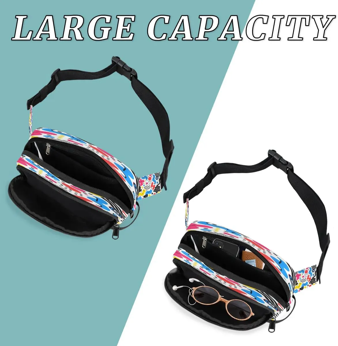 Multicolor Pattern Polyelement Fanny Packs for Women Men Waterproof Waist Bag with Adjustable Strap Belt Bag for Travel Running Hiking