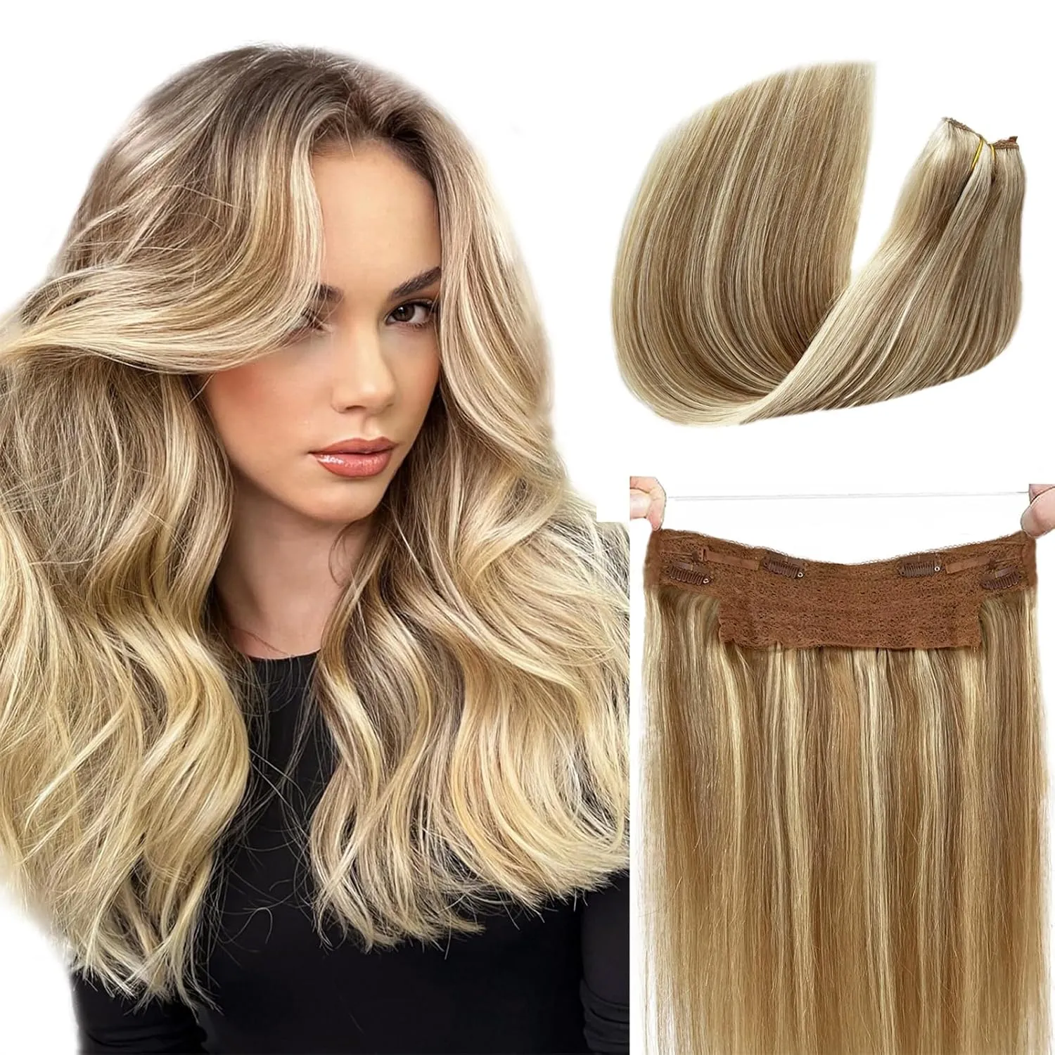 Munx Wire Hair Extensions Real Human Hair, Medium Brown Highlighted Golden Blonde 18 Inch 80g Wire Hair Extensions Straight Hair Extensions Secret Fish Line Real Hair Extensions