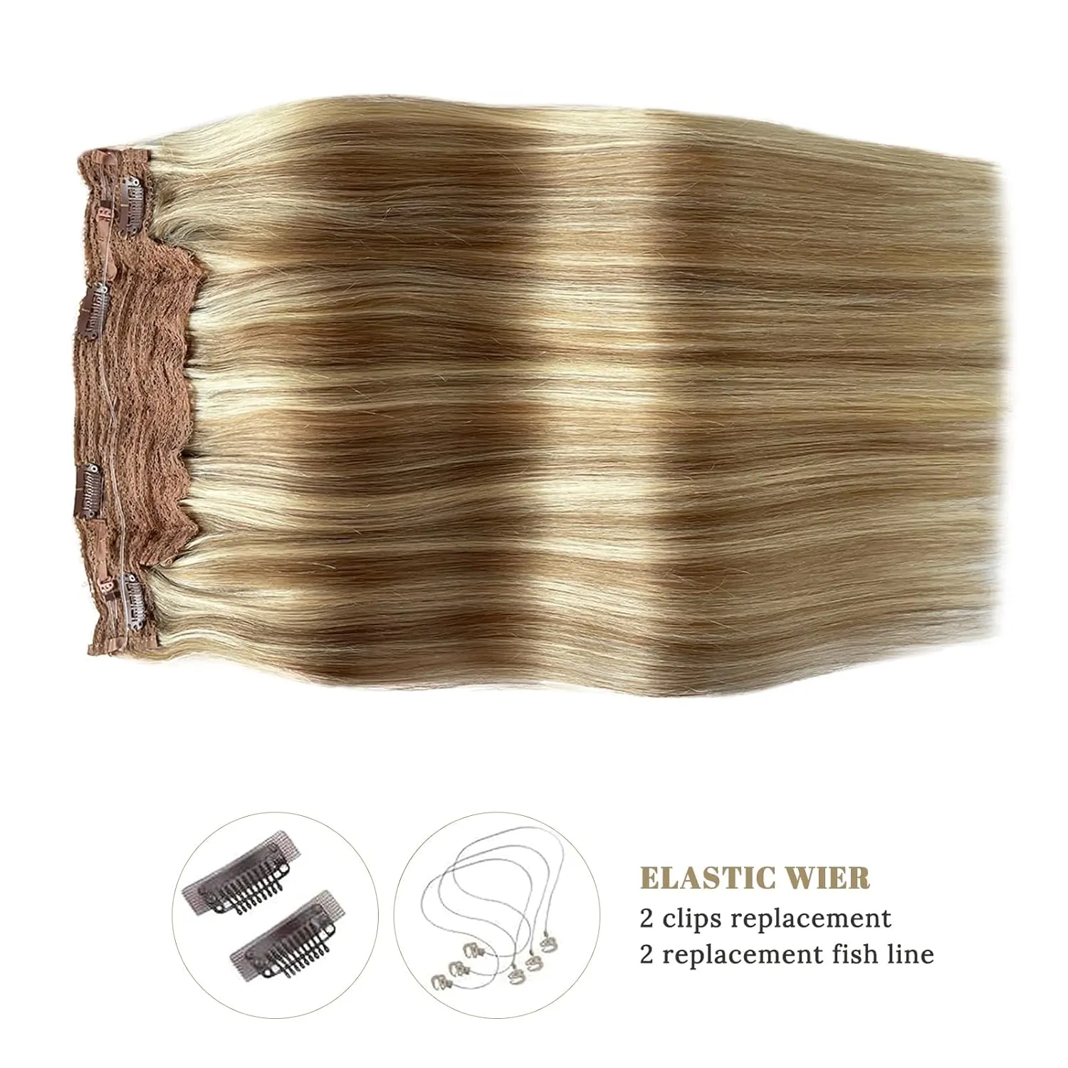 Munx Wire Hair Extensions Real Human Hair, Medium Brown Highlighted Golden Blonde 18 Inch 80g Wire Hair Extensions Straight Hair Extensions Secret Fish Line Real Hair Extensions