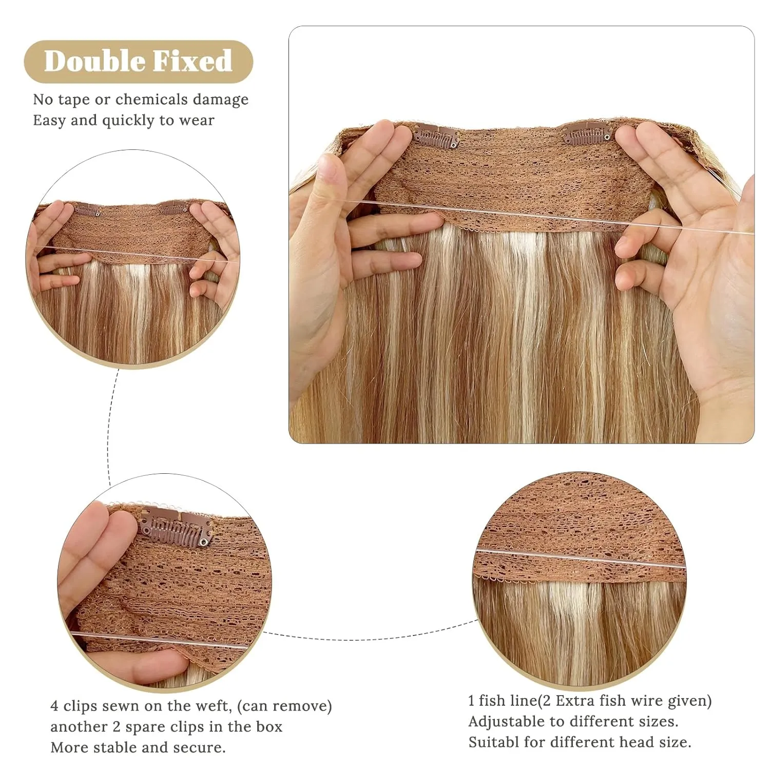Munx Wire Hair Extensions Real Human Hair, Medium Brown Highlighted Golden Blonde 18 Inch 80g Wire Hair Extensions Straight Hair Extensions Secret Fish Line Real Hair Extensions