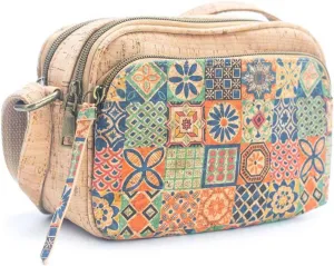 Natural Cork Crossbody Bag for Women, Portuguese Tile Pattern, 8 x 5.5 x 3 inches, Adjustable Strap
