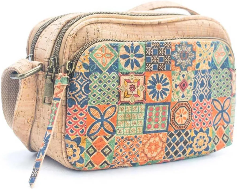 Natural Cork Crossbody Bag for Women, Portuguese Tile Pattern, 8 x 5.5 x 3 inches, Adjustable Strap