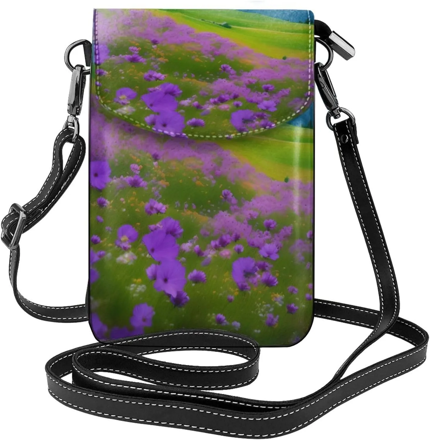 Nature Purple Flowers Meadow Mountain Scenic Print Small Cell Phone Leather Purse Adjustable Shoulder Rope Crossbody Bags For Women