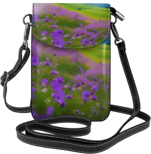 Nature Purple Flowers Meadow Mountain Scenic Print Small Cell Phone Leather Purse Adjustable Shoulder Rope Crossbody Bags For Women