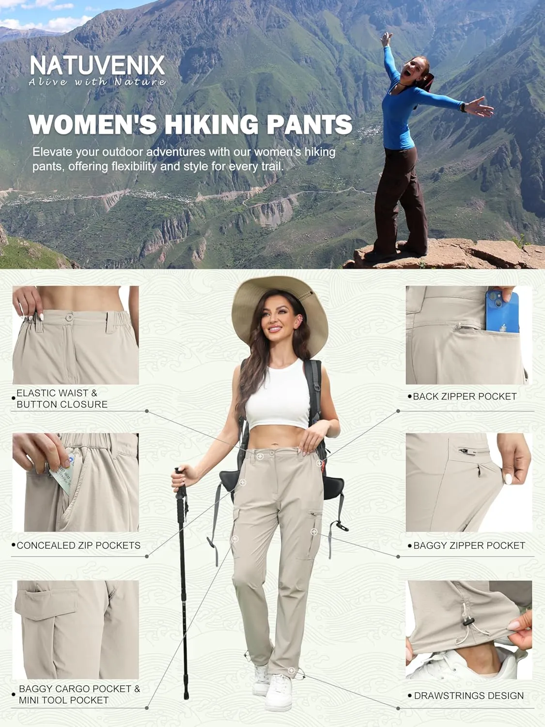 NATUVENIX Womens Hiking Pants Quick Dry Travel Pants Women Stretch Cargo Pants for Women Water Resistant Golf Pants Outdoor