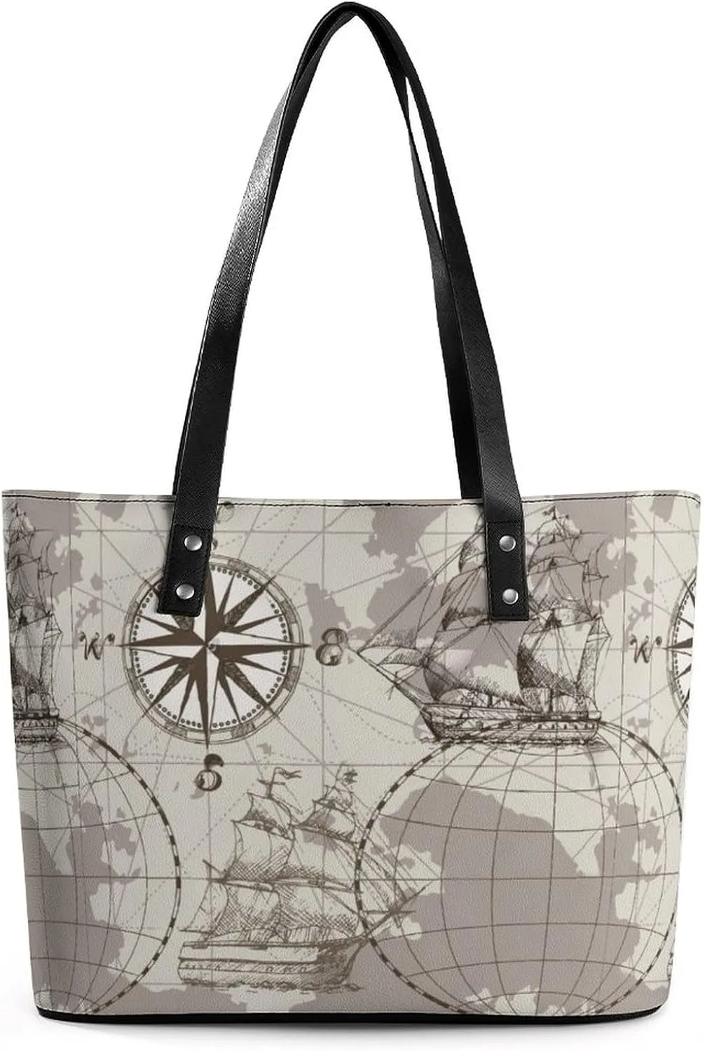 Nautical Sea Map Compass Sailing Ship Women Tote Bags Top Handle Satchel Handbags Faux Leather Tassel Shoulder Purse