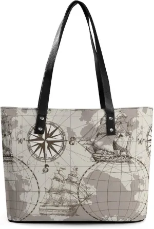 Nautical Sea Map Compass Sailing Ship Women Tote Bags Top Handle Satchel Handbags Faux Leather Tassel Shoulder Purse