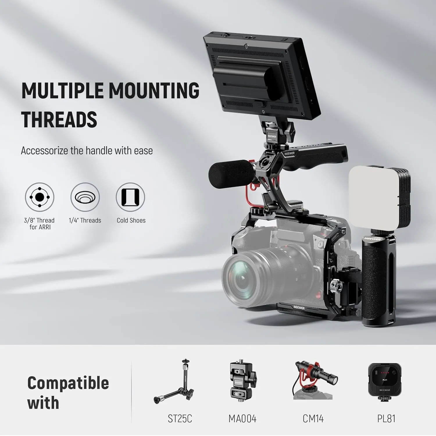 NEEWER NATO Top Handle Kit with Quick Release NATO Clamp, 48mm Mini NATO Rail, Ergonomic Silicone Grip, Cold Shoes, 1/4" Threads, 3/8" for ARRI, Compatible with SmallRig Camera Cage, CA103