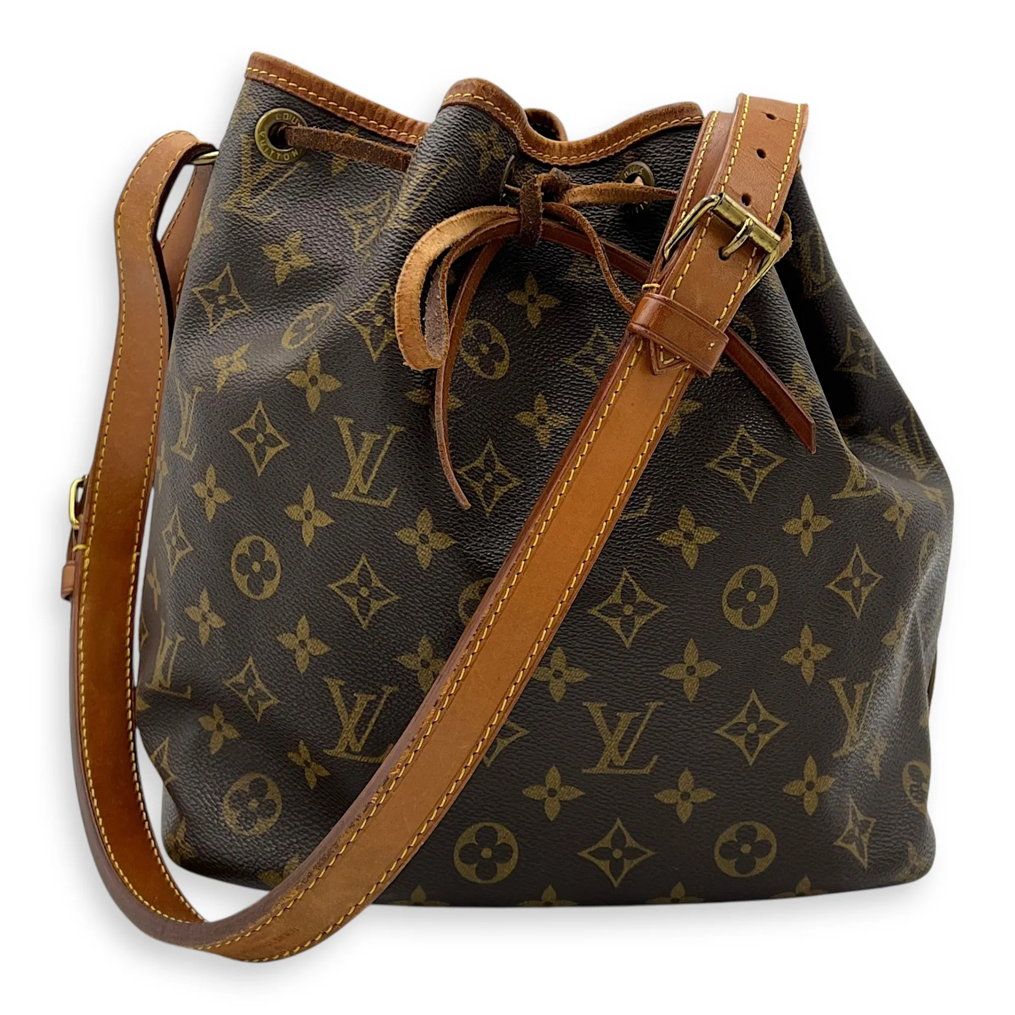 Noe Petit Brown Bucket Bag in Monogram Coated Canvas, Gold hardware