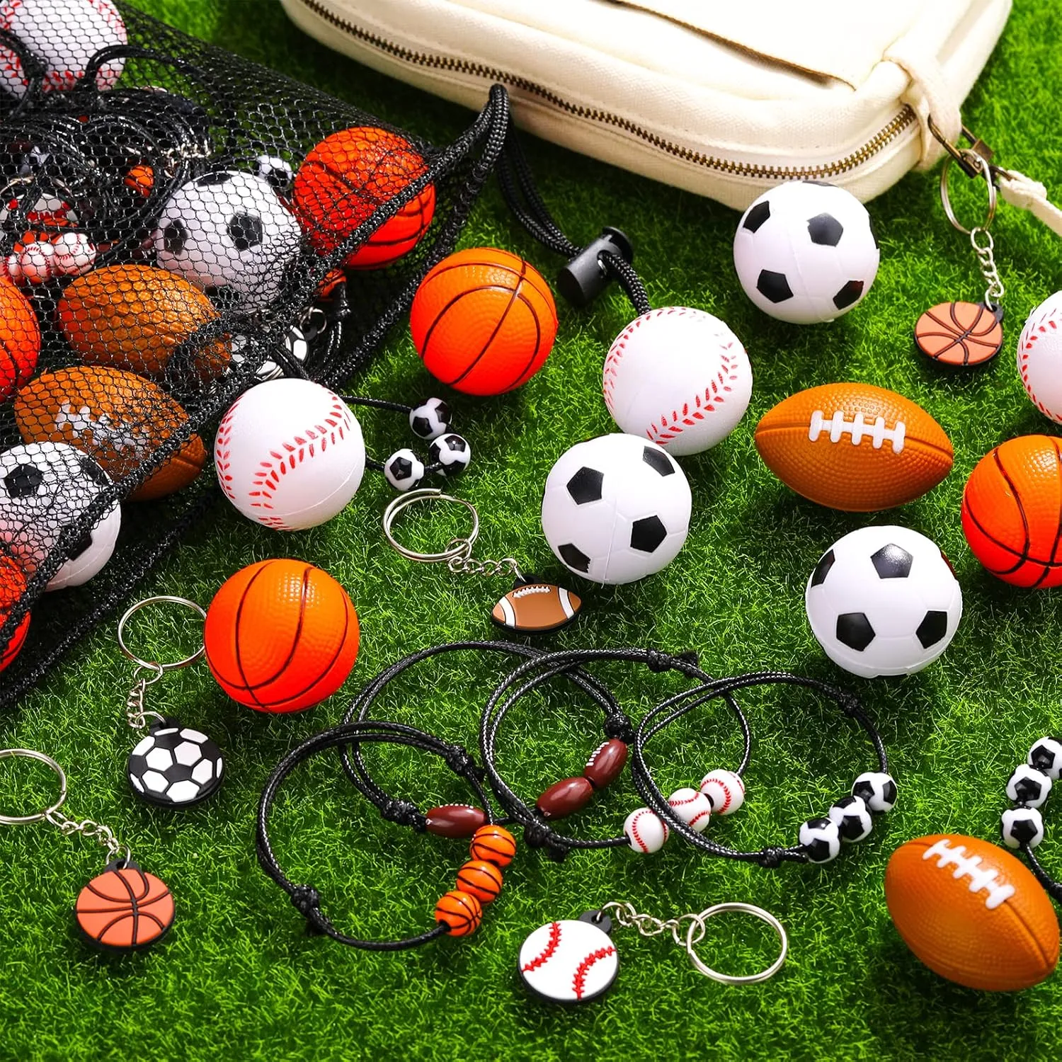 Nosiny 108 Pcs Sportball Party Favors Bulk 36 Pcs Sport Keychain Gifts 36 Pcs Sportball Stress Balls 36 Pcs Charm Bracelets for Team Birthday Party Supplies