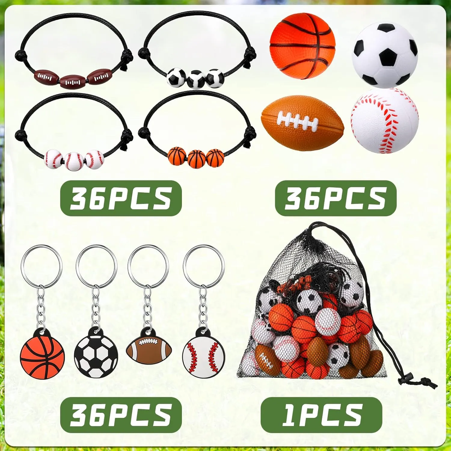Nosiny 108 Pcs Sportball Party Favors Bulk 36 Pcs Sport Keychain Gifts 36 Pcs Sportball Stress Balls 36 Pcs Charm Bracelets for Team Birthday Party Supplies
