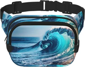 Ocean Sea Wave Print Square Waist Purse Double Layer Fanny BagTrendy Travel Waist Bag for Men and Women