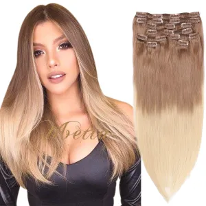 Ombre Blonde Clip in Hair Extensions Golden Brown to Blonde Highlighted Clip in Real Hair Extensions Double Weft Straight Clip in Extensions for Women 8Pcs 100G 14 Inch
