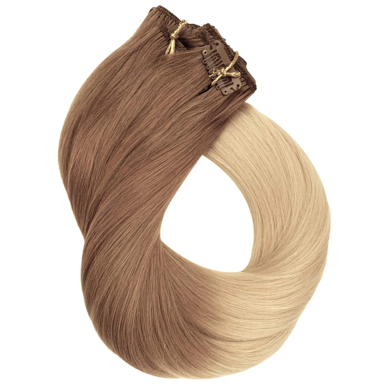 Ombre Blonde Clip in Hair Extensions Golden Brown to Blonde Highlighted Clip in Real Hair Extensions Double Weft Straight Clip in Extensions for Women 8Pcs 100G 14 Inch