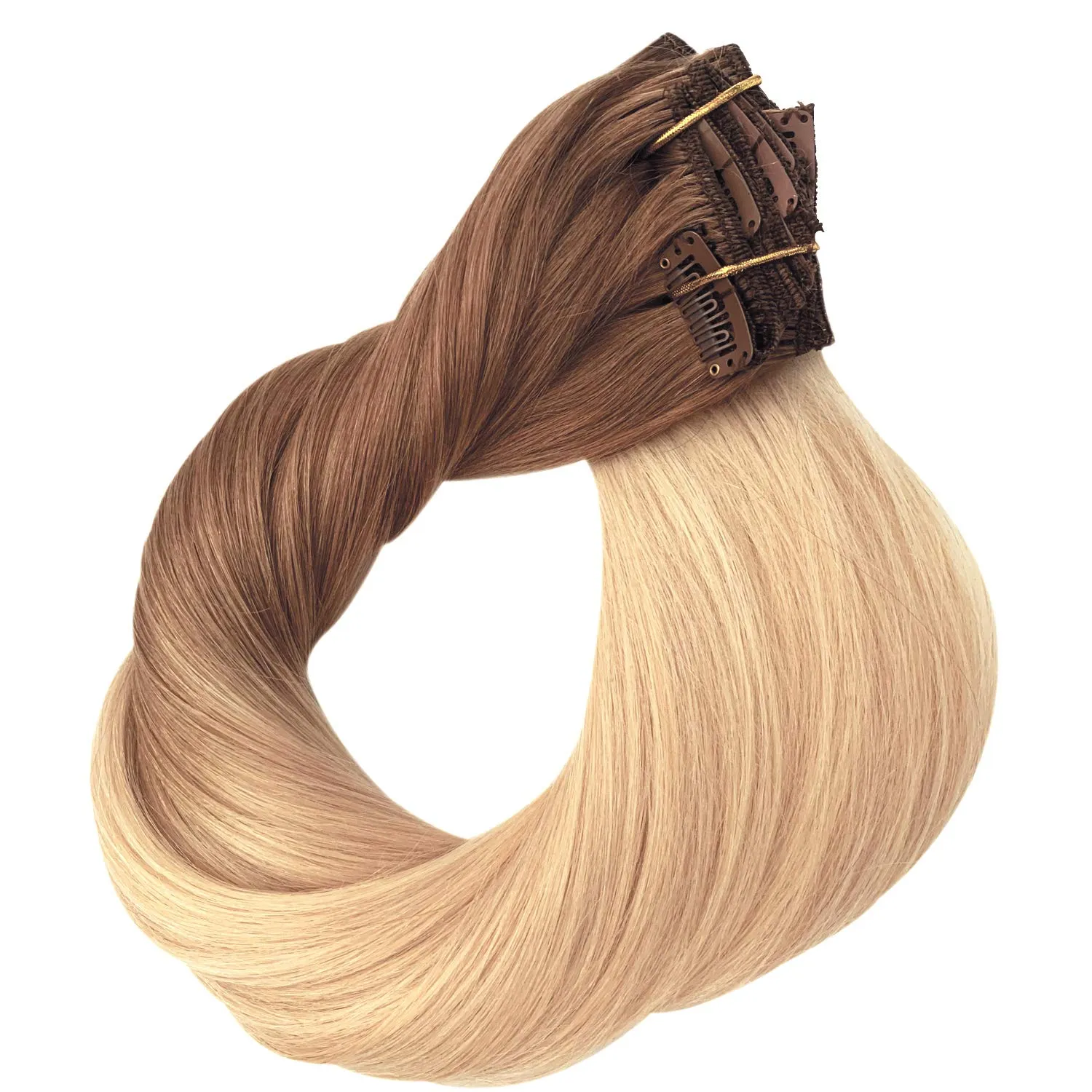 Ombre Blonde Clip in Hair Extensions Golden Brown to Blonde Highlighted Clip in Real Hair Extensions Double Weft Straight Clip in Extensions for Women 8Pcs 100G 14 Inch