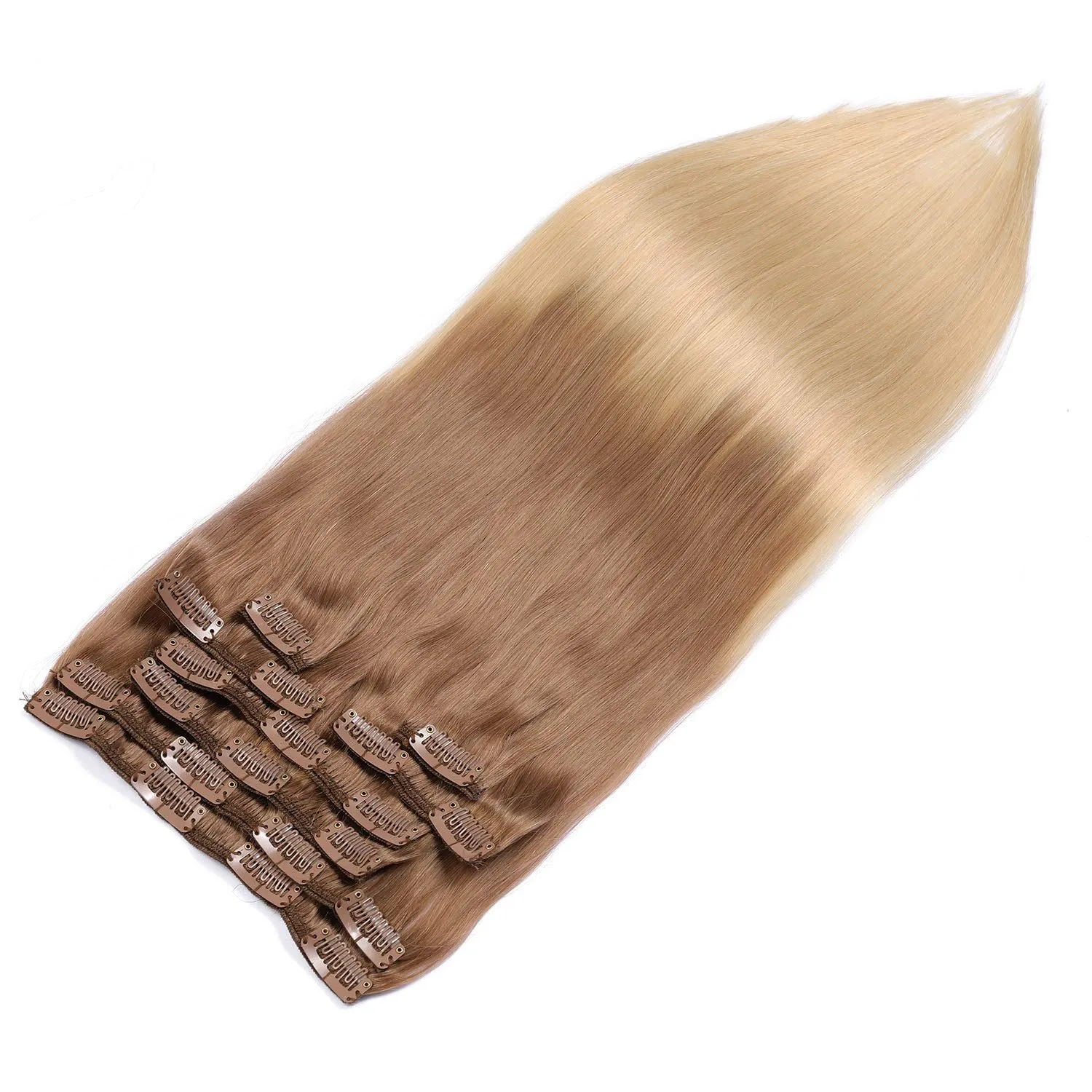 Ombre Blonde Clip in Hair Extensions Golden Brown to Blonde Highlighted Clip in Real Hair Extensions Double Weft Straight Clip in Extensions for Women 8Pcs 100G 14 Inch