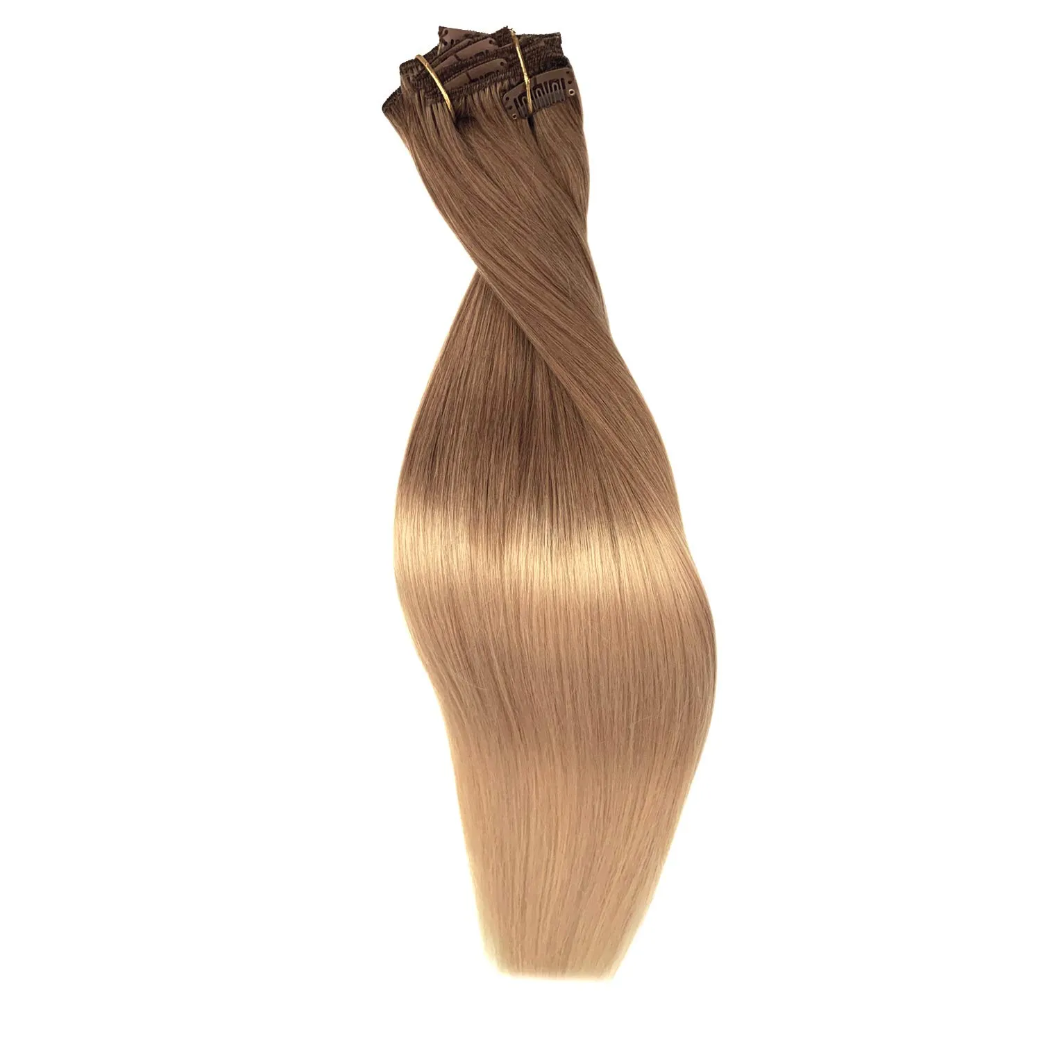 Ombre Blonde Clip in Hair Extensions Golden Brown to Blonde Highlighted Clip in Real Hair Extensions Double Weft Straight Clip in Extensions for Women 8Pcs 100G 14 Inch