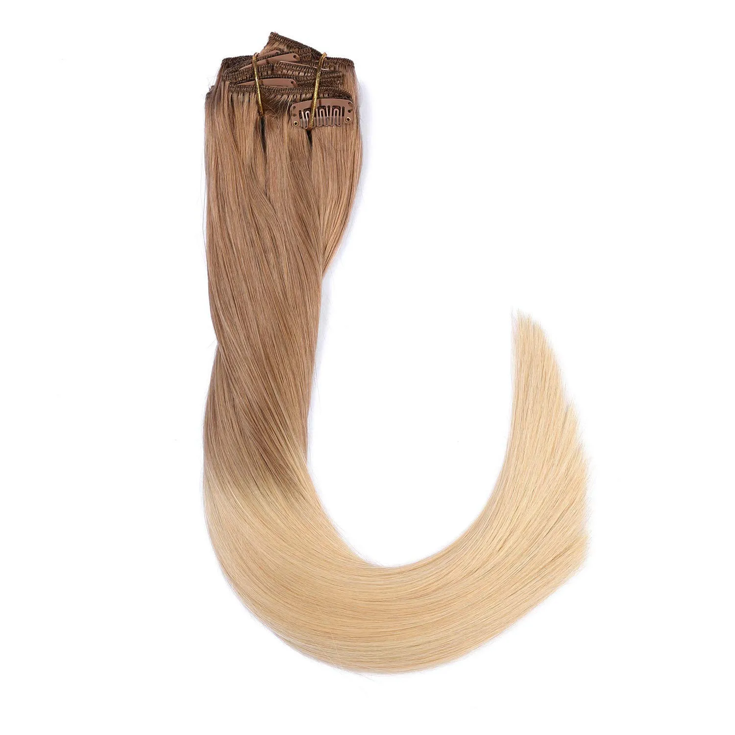 Ombre Blonde Clip in Hair Extensions Golden Brown to Blonde Highlighted Clip in Real Hair Extensions Double Weft Straight Clip in Extensions for Women 8Pcs 100G 14 Inch