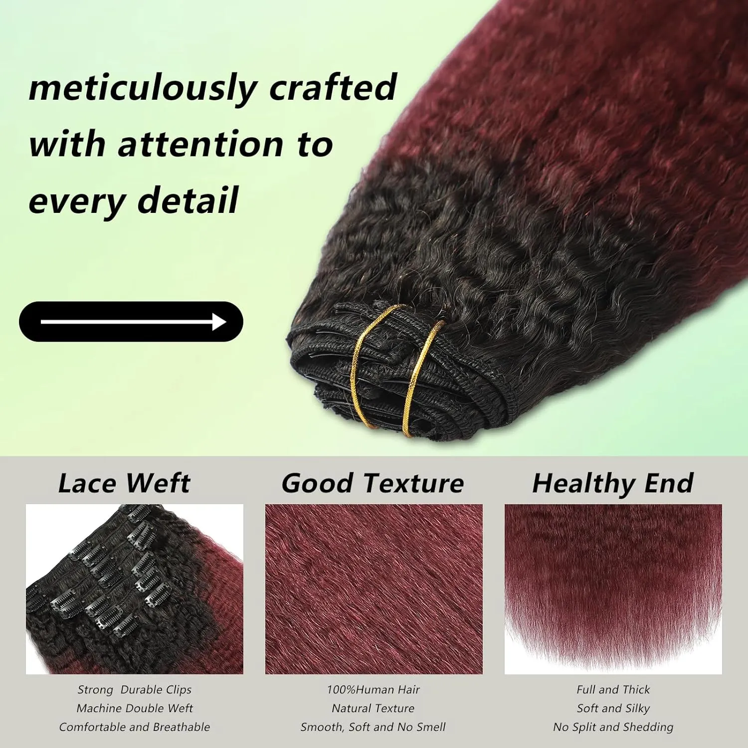 Ombre Burgundy Yaki Straight Clip in Hair Extensions Real Human Hair T1B 99J Kinky Straight Hair Clip ins for Women Invisible & Scalp-Friendly 8pcs with 18 Clips 120g Per Set (14 Inch)