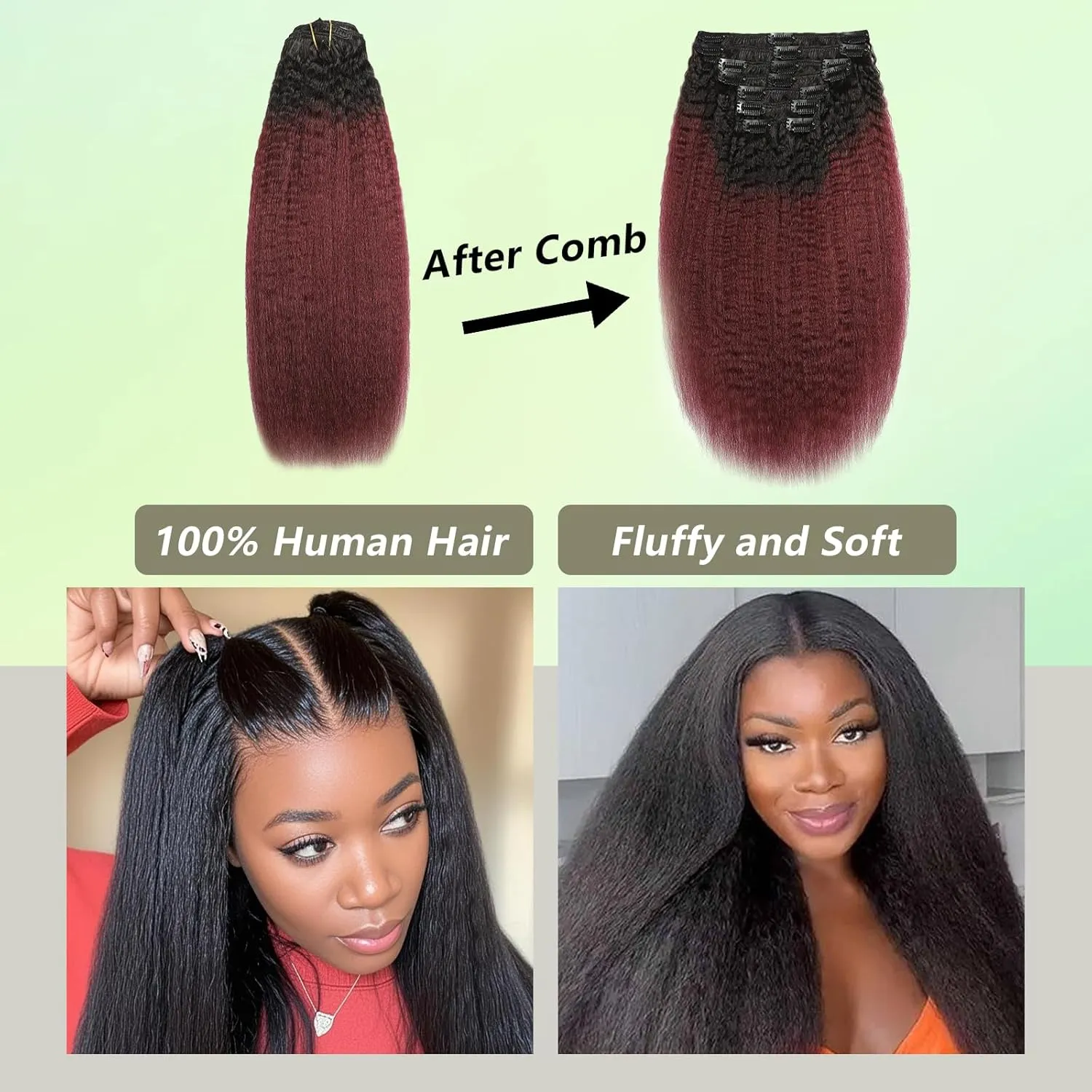Ombre Burgundy Yaki Straight Clip in Hair Extensions Real Human Hair T1B 99J Kinky Straight Hair Clip ins for Women Invisible & Scalp-Friendly 8pcs with 18 Clips 120g Per Set (14 Inch)