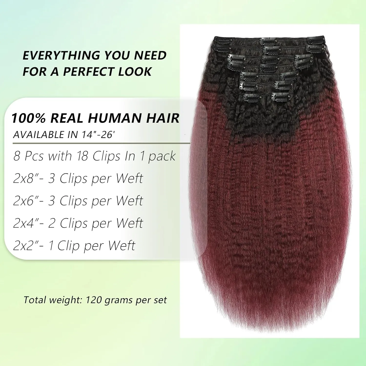 Ombre Burgundy Yaki Straight Clip in Hair Extensions Real Human Hair T1B 99J Kinky Straight Hair Clip ins for Women Invisible & Scalp-Friendly 8pcs with 18 Clips 120g Per Set (14 Inch)