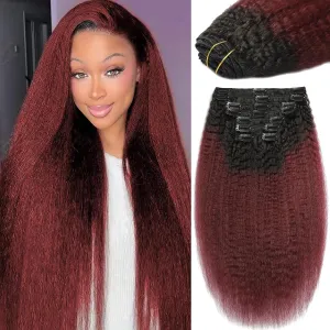 Ombre Burgundy Yaki Straight Clip in Hair Extensions Real Human Hair T1B 99J Kinky Straight Hair Clip ins for Women Invisible & Scalp-Friendly 8pcs with 18 Clips 120g Per Set (14 Inch)